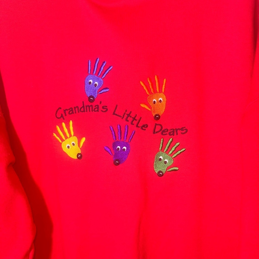 Bright Red Crewneck Sweater with Handprint Design - Picture 3 of 6